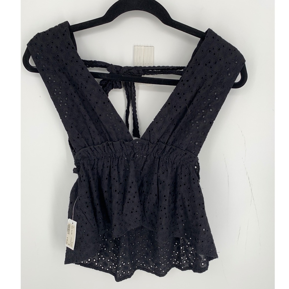 Mod On Trend Black Eyelet Deep V-Neck Babydoll Peplum Tie Back Top Small JT1589A